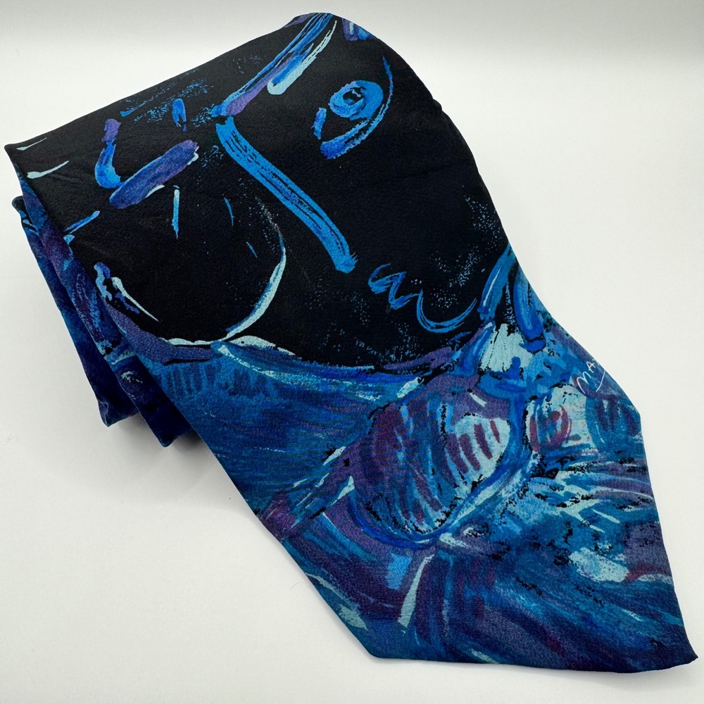 Neomax by Belle Peter Max Inspired Art‎ Silk Tie Blue Black Abstract Face Luxury